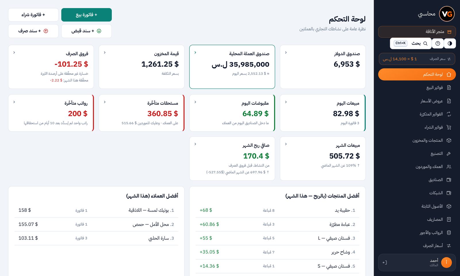 لوحة التحكم: صناديق بالدولار والليرة، فروق الصرف، مبيعات اليوم